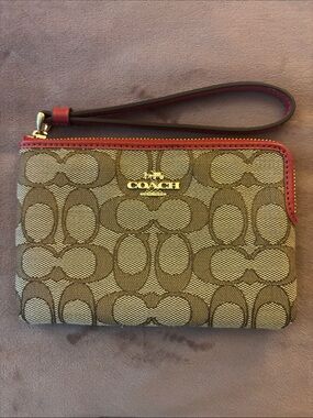 Coach Brown Signature Canvas Wristlet with Red Trim
